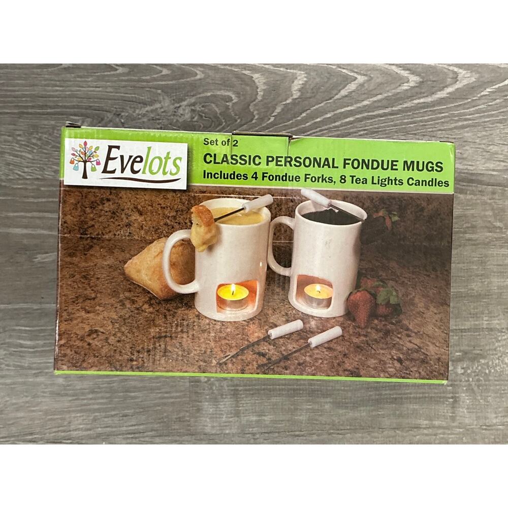 Evelots Classic Personal White Fondue Mugs, set of 2, 4 Forks, Tea Lights